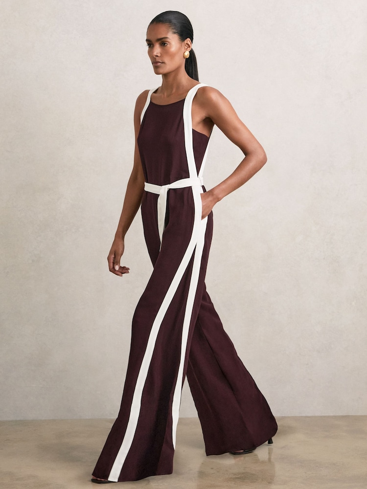 Reiss Burgundy/Cream Salma Petite Colour-Block Wide-Leg Belted Jumpsuit - Image 1 of 7