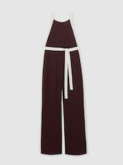 Reiss Burgundy/Cream Salma Petite Colour-Block Wide-Leg Belted Jumpsuit - Image 2 of 7