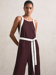 Reiss Burgundy/Cream Salma Petite Colour-Block Wide-Leg Belted Jumpsuit - Image 3 of 7