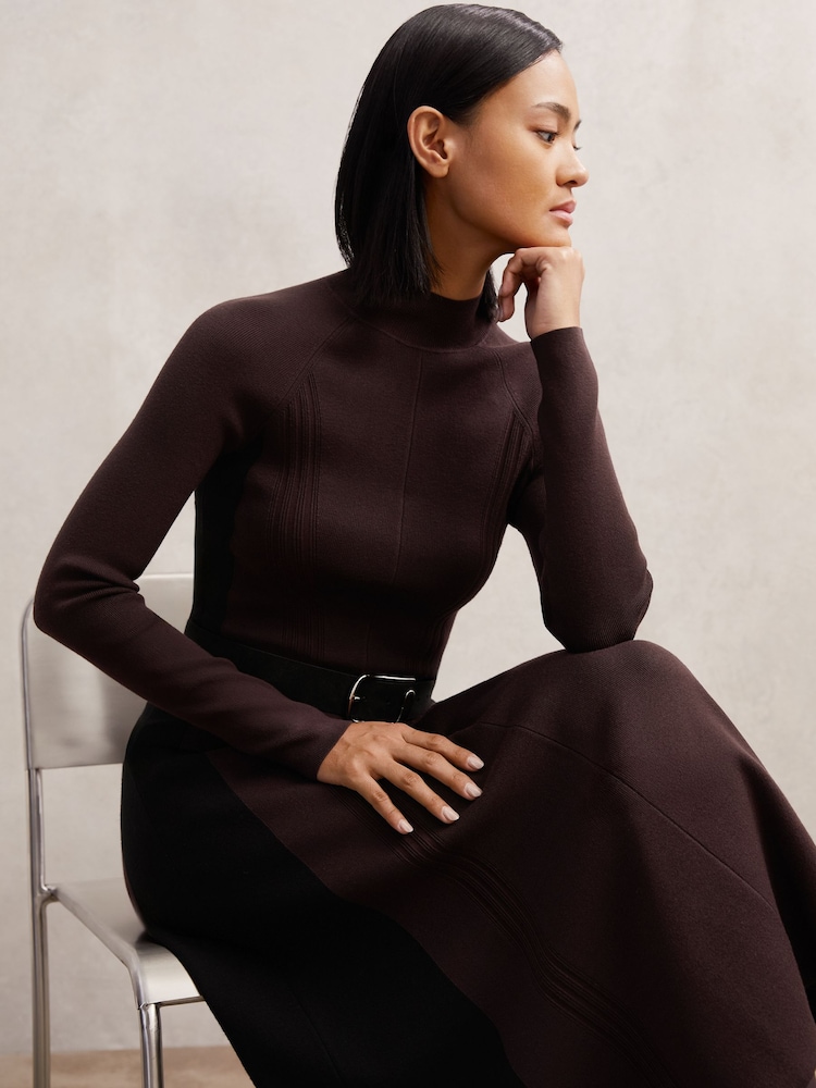 Reiss Plum Purple/Black Zaya Petite Knitted Contrast-Panel Midi Dress - Image 1 of 6 Reiss Plum Purple/Black Zaya Petite Knitted Contrast-Panel Midi Dress - Image 1 of 6