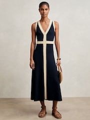 Reiss Navy Lou Craft-Stitch Knitted Midi Dress - Image 1 of 5