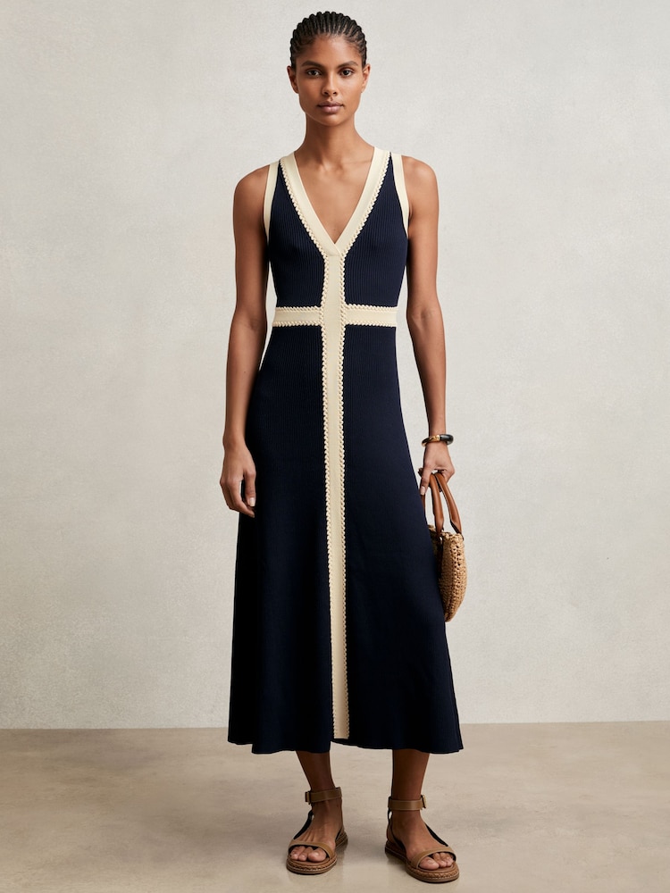 Reiss Navy Lou Craft-Stitch Knitted Midi Dress - Image 1 of 5