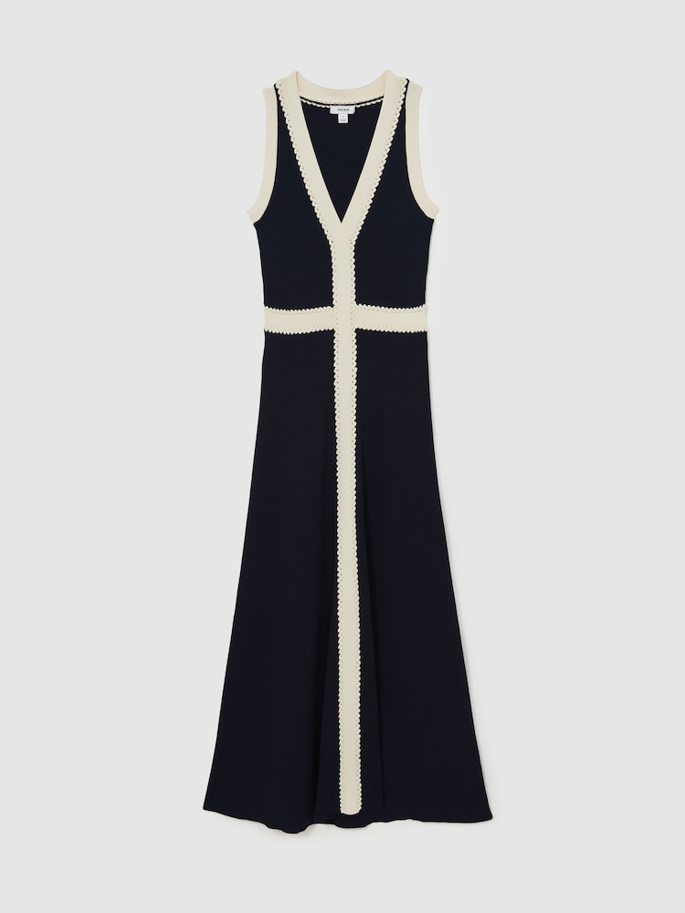 Reiss Navy Lou Craft-Stitch Knitted Midi Dress - Image 2 of 5