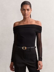 Reiss Black Angie Sheer Mesh Bardot Top - Image 1 of 5