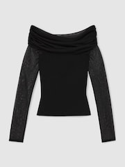 Reiss Black Angie Sheer Mesh Bardot Top - Image 2 of 5