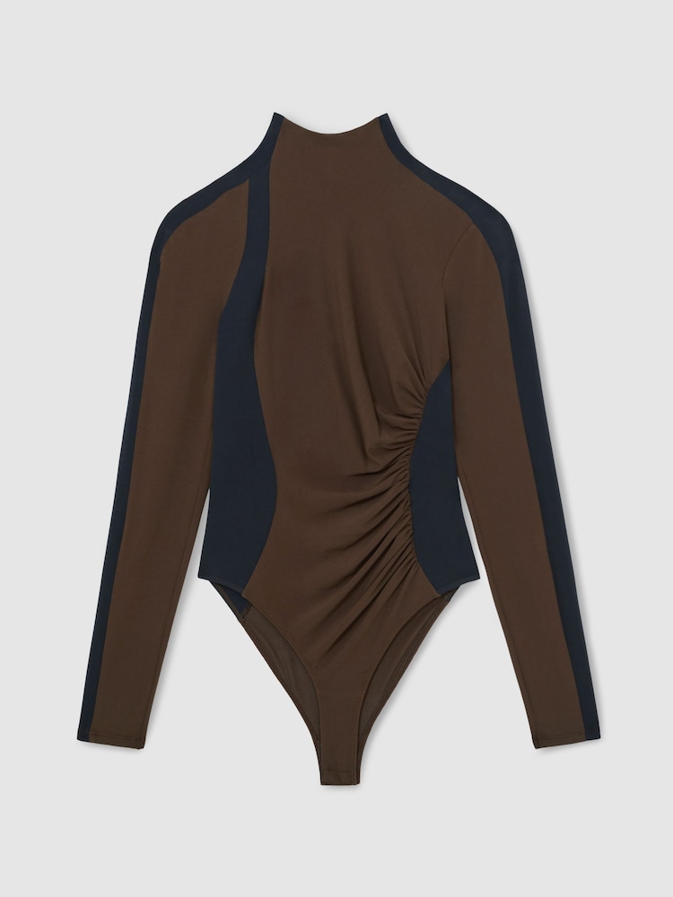 Reiss Navy/Camel Jessie Stretch-Lyocell Panel Ruched Bodysuit - Image 2 of 6