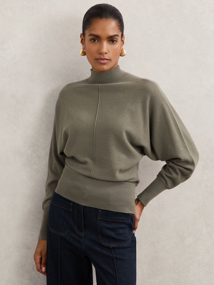 Reiss Sage Green Susie Wool-Blend Funnel-Neck Batwing Jumper with Cashmere - Image 1 of 6