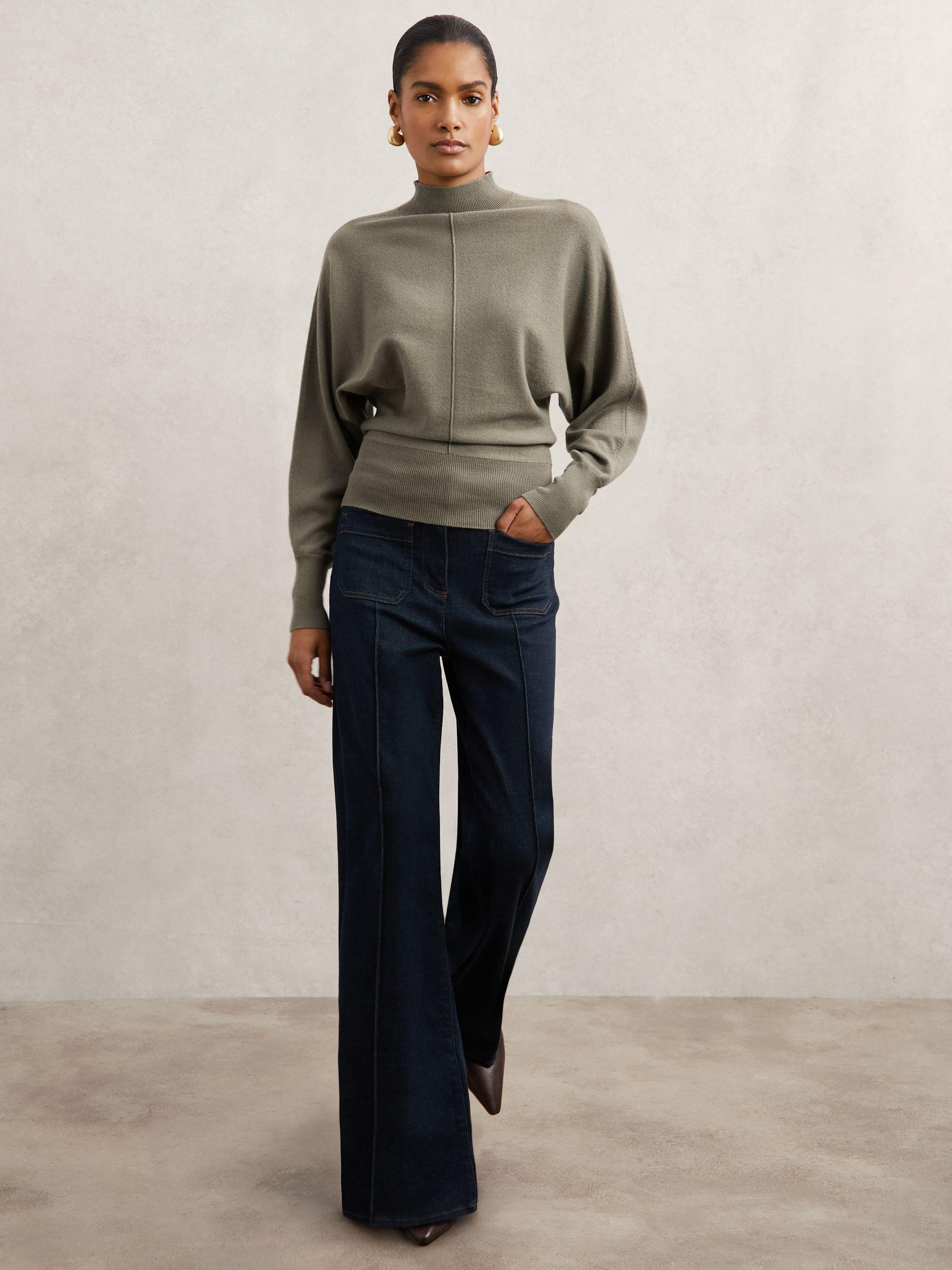 Buy Reiss Sage Green Susie Wool-Blend Funnel-Neck Batwing Jumper