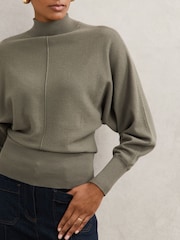 Reiss Sage Green Susie Wool-Blend Funnel-Neck Batwing Jumper with Cashmere - Image 4 of 6