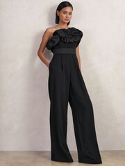 Reiss Black Sabbie Sculptural Strapless Wide-Leg Jumpsuit - Image 1 of 5
