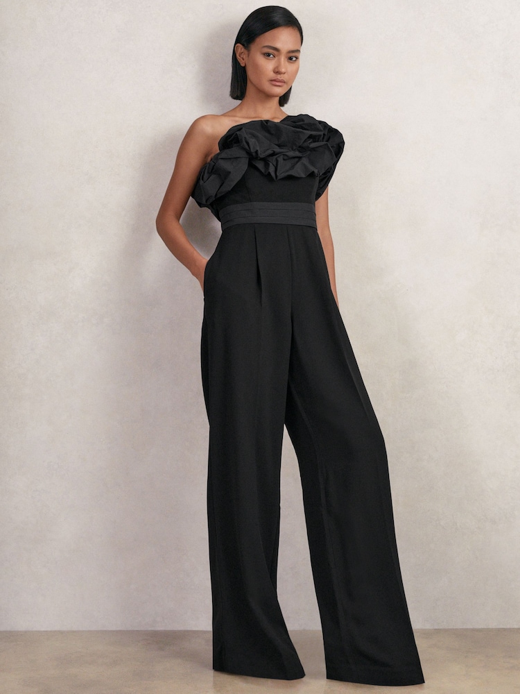 Reiss Black Sabbie Sculptural Strapless Wide-Leg Jumpsuit - Image 1 of 5
