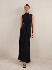 Reiss Black Daniella Petite Sheer Ruched Maxi Dress - Image 3 of 7