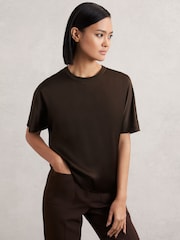 Reiss Chocolate Brown Lena Silk Short-Sleeve Top - Image 1 of 6