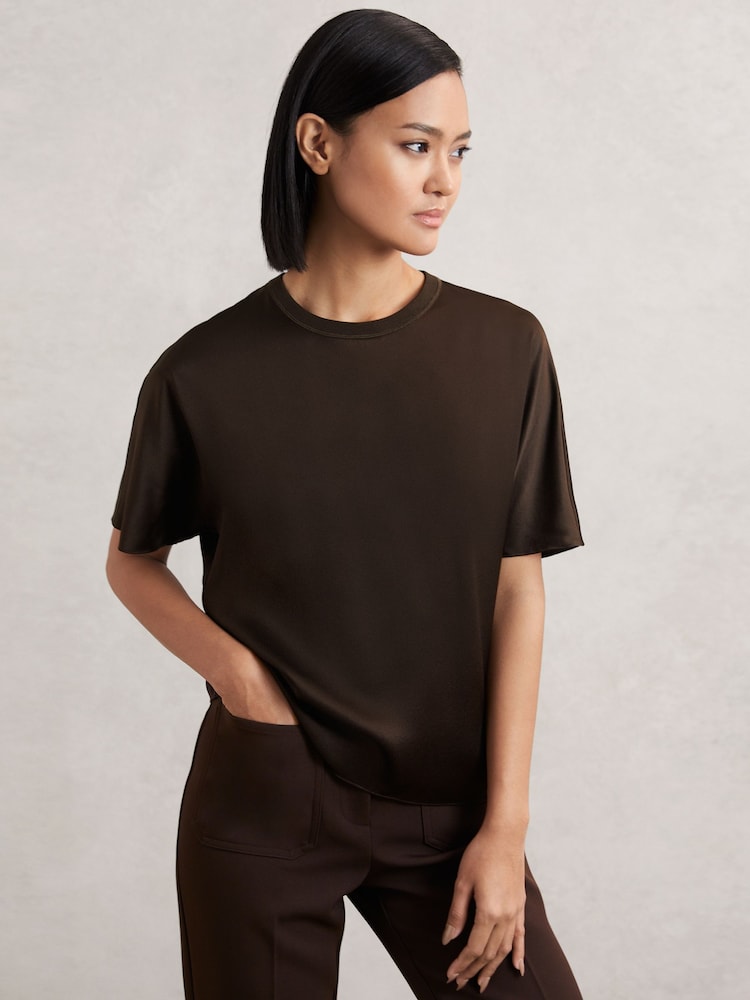 Reiss Chocolate Brown Lena Silk Short-Sleeve Top - Image 1 of 6