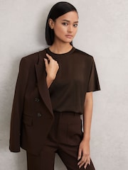 Reiss Chocolate Brown Lena Silk Short-Sleeve Top - Image 4 of 6