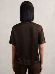 Reiss Chocolate Brown Lena Silk Short-Sleeve Top - Image 5 of 6