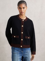 Reiss Burgundy/Black Olive Wool-Cashmere Crew-Neck Cardigan - Image 1 of 5