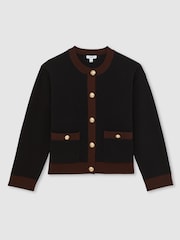 Reiss Burgundy/Black Olive Wool-Cashmere Crew-Neck Cardigan - Image 2 of 5