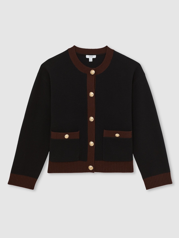Reiss Burgundy/Black Olive Wool-Cashmere Crew-Neck Cardigan - Image 2 of 5 Reiss Burgundy/Black Olive Wool-Cashmere Crew-Neck Cardigan - Image 2 of 5
