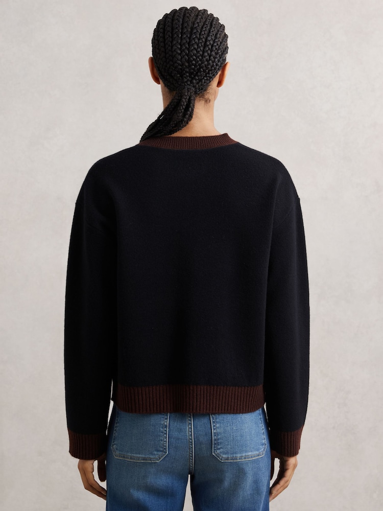 Reiss Burgundy/Black Olive Wool-Cashmere Crew-Neck Cardigan - Image 5 of 5
