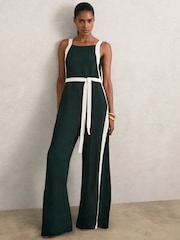 Reiss Dark Green/Cream Salma Petite Colour Block Wide Leg Belted Jumpsuit - Image 1 of 7