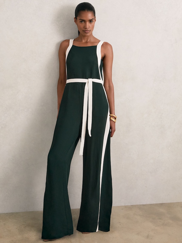 Reiss Dark Green/Cream Salma Petite Colour Block Wide Leg Belted Jumpsuit - Image 1 of 7