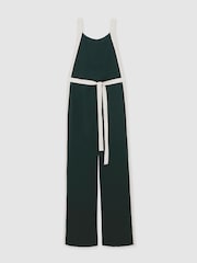 Reiss Dark Green/Cream Salma Petite Colour Block Wide Leg Belted Jumpsuit - Image 2 of 7