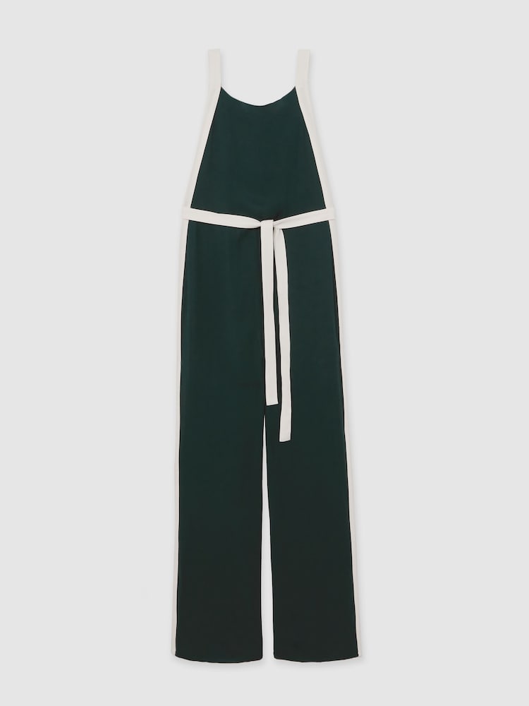 Reiss Dark Green/Cream Salma Petite Colour Block Wide Leg Belted Jumpsuit - Image 2 of 7