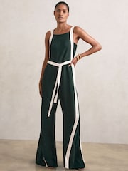 Reiss Dark Green/Cream Salma Petite Colour Block Wide Leg Belted Jumpsuit - Image 4 of 7