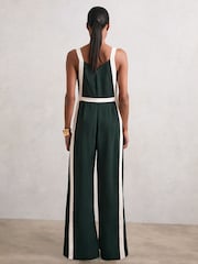 Reiss Dark Green/Cream Salma Petite Colour Block Wide Leg Belted Jumpsuit - Image 5 of 7