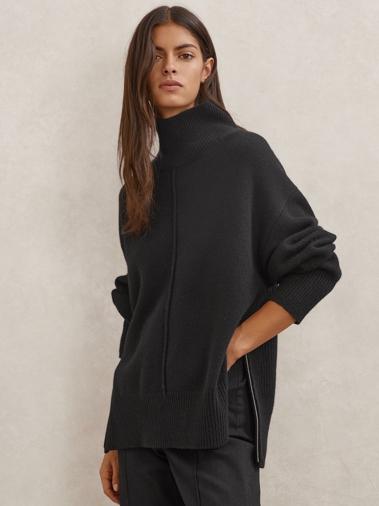Reiss Black Harri Wool Zip-Detail Funnel-Neck Jumper - Image 1 of 7 Reiss Black Harri Wool Zip-Detail Funnel-Neck Jumper - Image 1 of 7