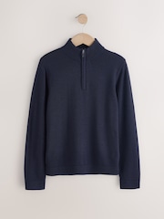 Navy Blue Merino Wool Knitted Zip Neck Jumper (3-16yrs) - Image 1 of 4