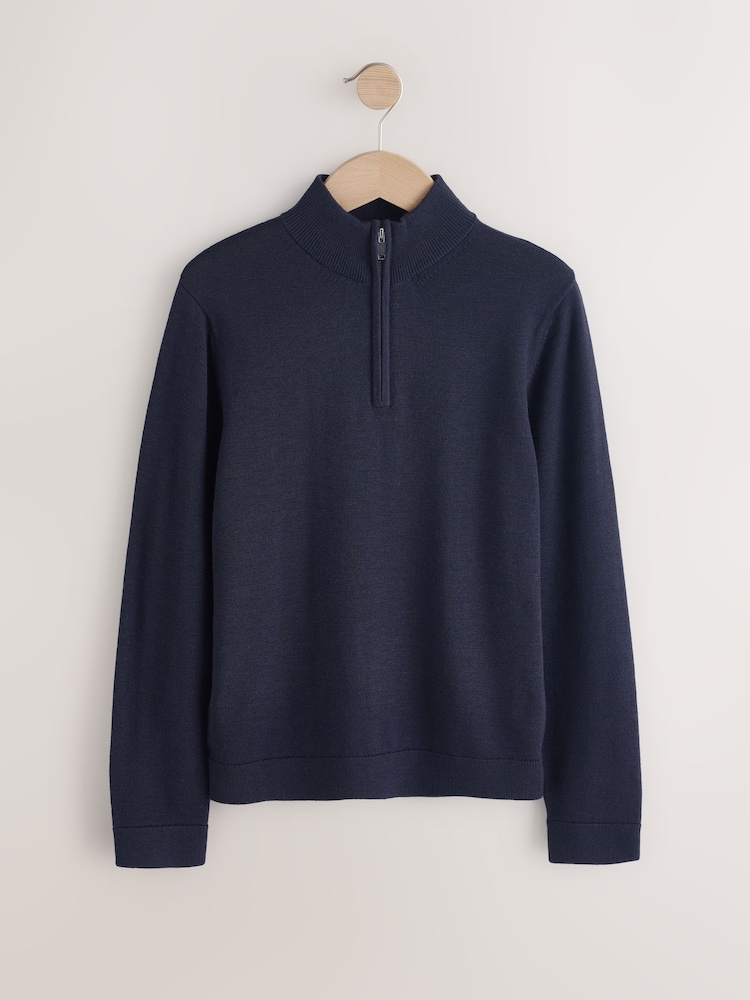 Navy Blue Merino Wool Knitted Zip Neck Jumper (3-16yrs) - Image 1 of 4
