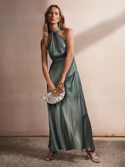 Mint Velvet Blue Satin Halter Maxi Dress - Image 1 of 8