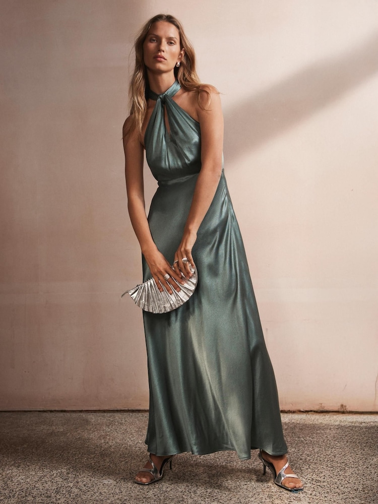 Mint Velvet Blue Satin Halter Maxi Dress - Image 1 of 8