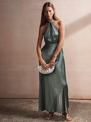 Mint Velvet Blue Satin Halter Maxi Dress - Image 6 of 8