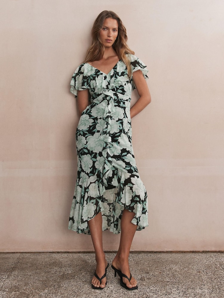 Mint Velvet Green Floral Print Ruffle Maxi Dress - Image 1 of 8