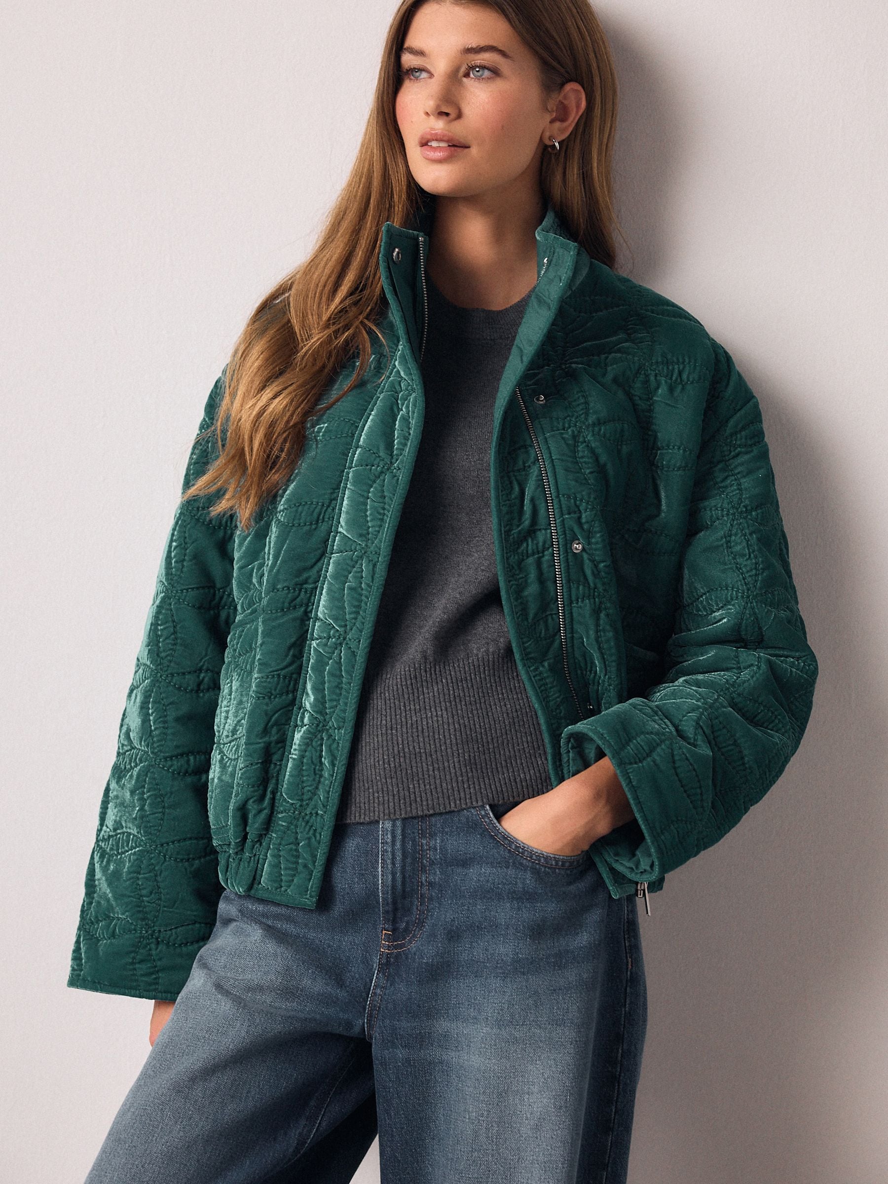 Buy Emerald Green Velvet Funnel Neck Quilted Jacket from Next USA