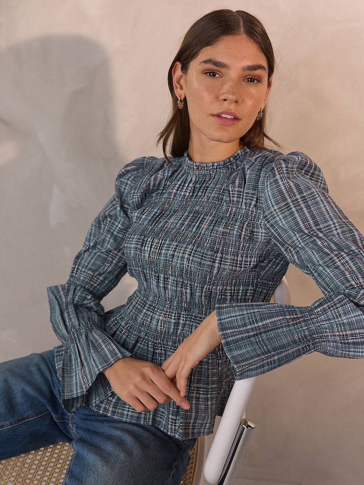 Blue Metallic Check - Smocked Long Sleeve Blouse - Imagem 1 de 8