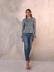 Blue Metallic Check - Smocked Long Sleeve Blouse - Imagem 2 de 8