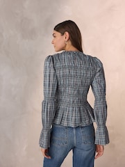 Blue Metallic Check - Smocked Long Sleeve Blouse - Imagem 4 de 8
