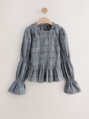 Blue Metallic Check - Smocked Long Sleeve Blouse - Imagem 6 de 8