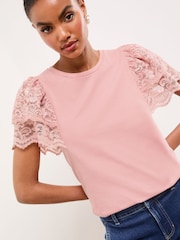Lipsy Pink Lace Angel Sleeve T-Shirt - Image 1 of 4