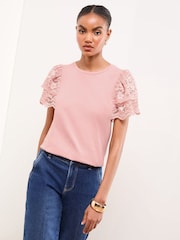 Lipsy Pink Lace Angel Sleeve T-Shirt - Image 2 of 4