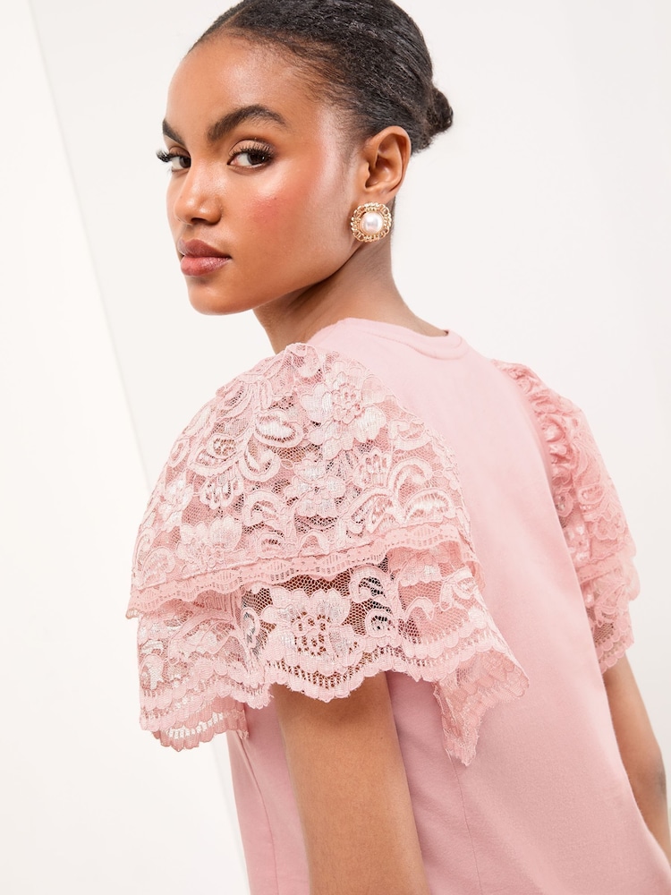 Lipsy Pink Lace Angel Sleeve T-Shirt - Image 4 of 4