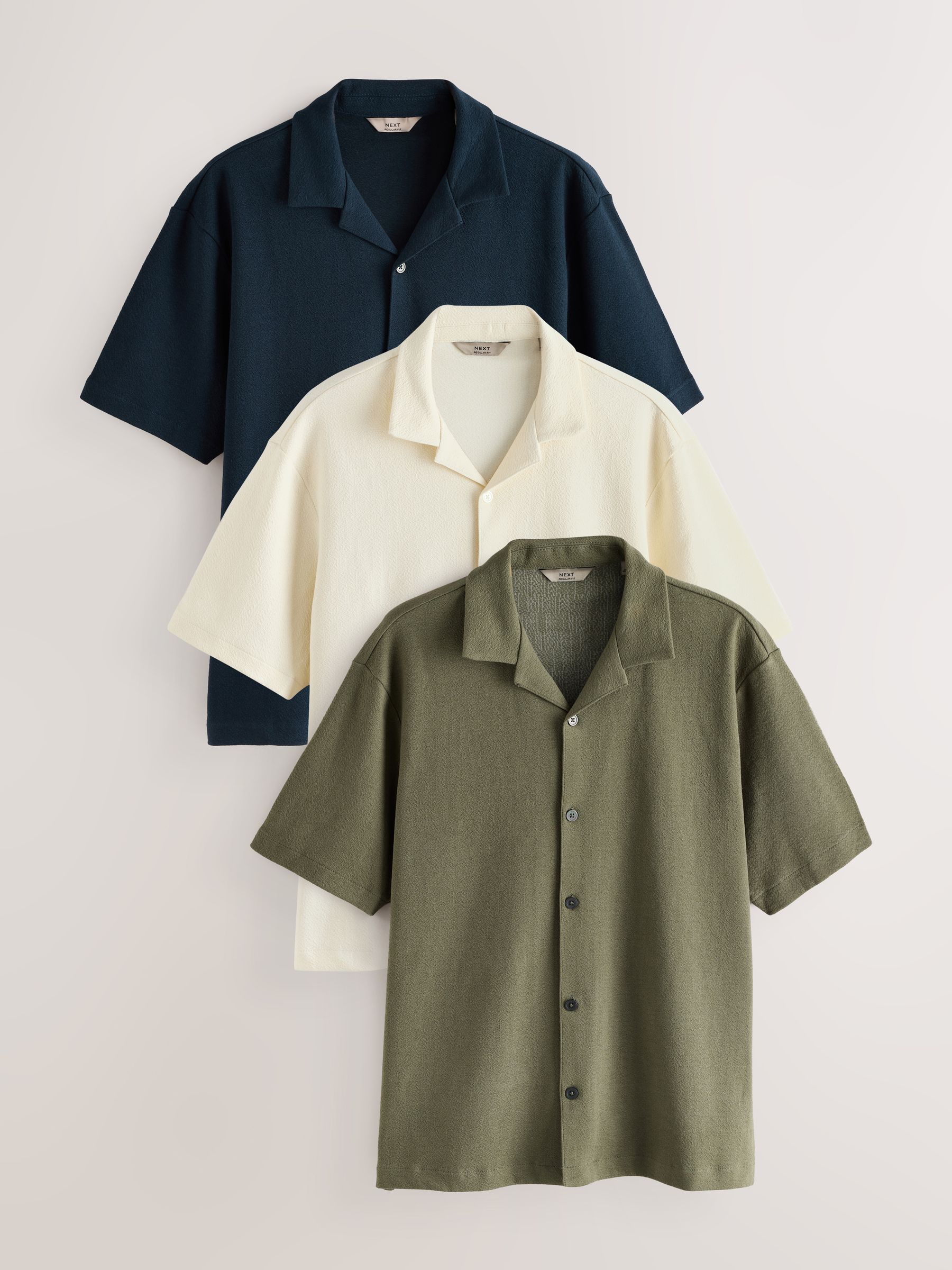 Buy Navy/Ecru/Olive Green Regular Fit Short Sleeve Revere Collar