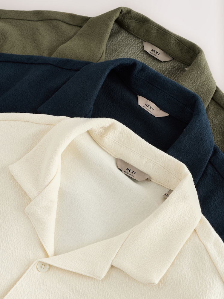 Ecru / Navy / Brown Regular Fit Short Sleeve Textured Shirts 3 Pack - Image 10 of 10