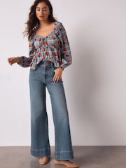 Mid Blue Denim High Rise Stretch Wide Leg Jeans - Image 1 of 8