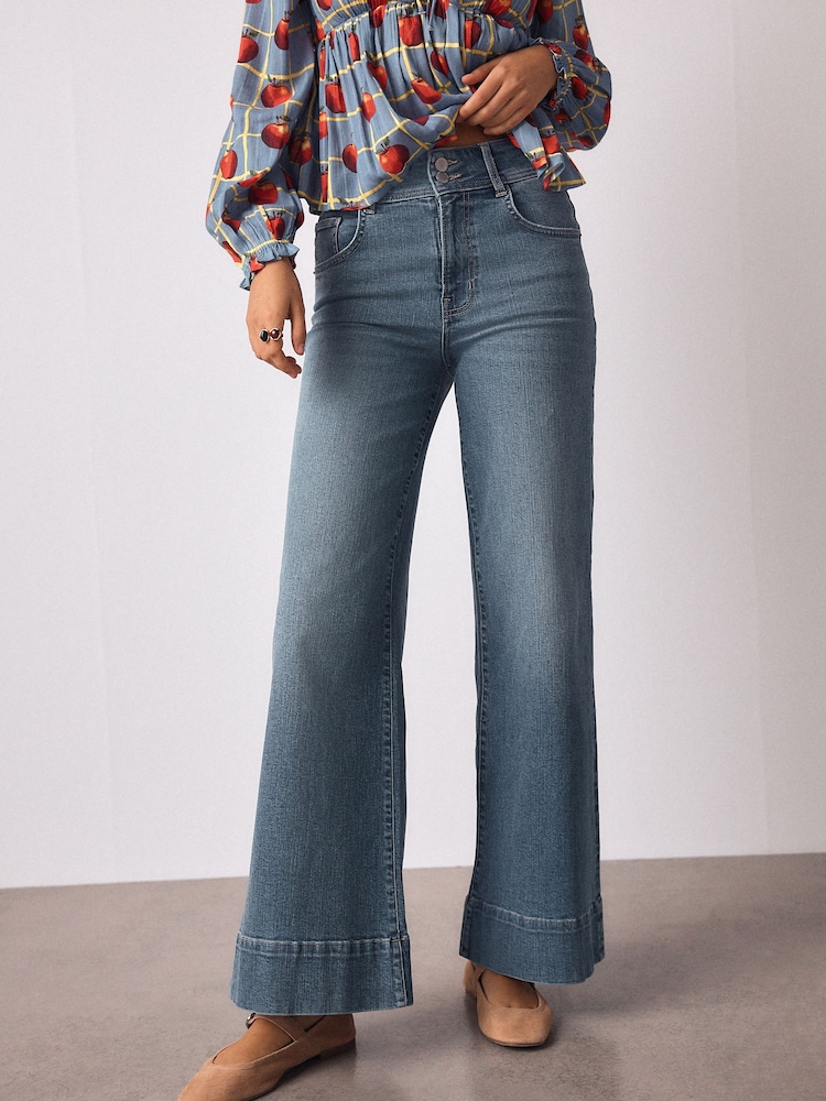 Mid Blue Denim High Rise Stretch Wide Leg Jeans - Image 2 of 8