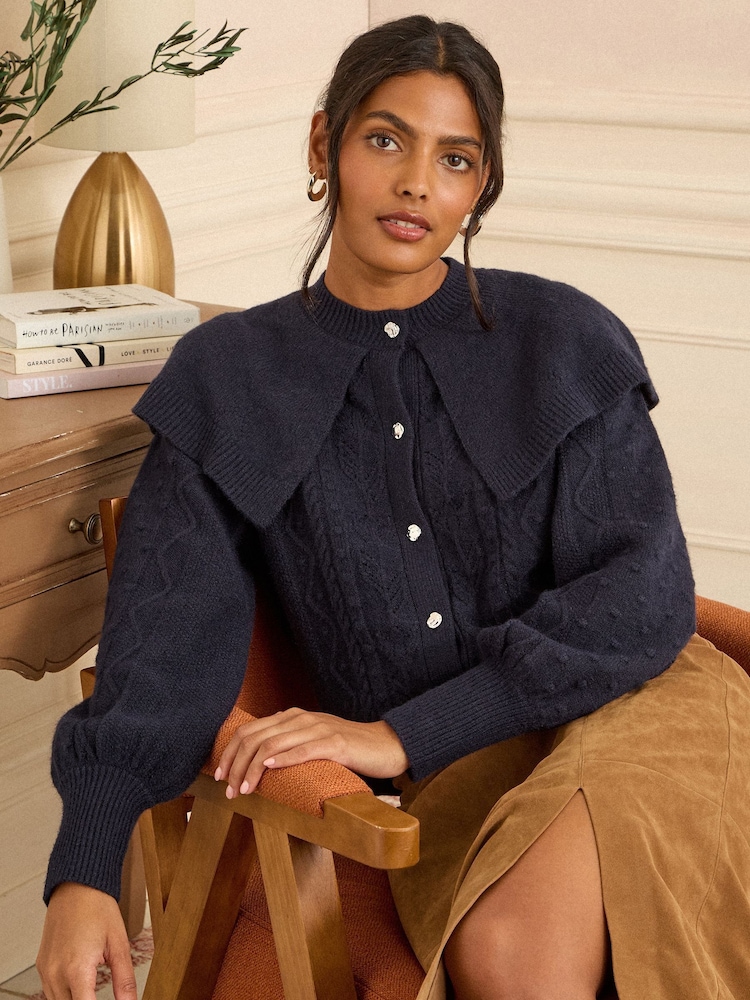 Love & Roses Navy Blue Cape Cosy Knitted Cardigan - Image 1 of 4